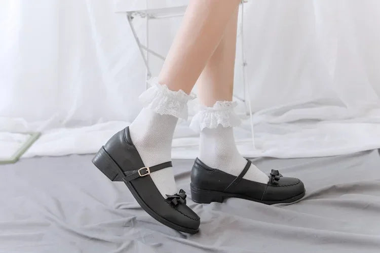 Women's Japanese Lolita JK Ankle Socks Kawaii Cotton with Lace Trim - Cute White/Black Crew Socks for Girls Cosplay Casual Wear
