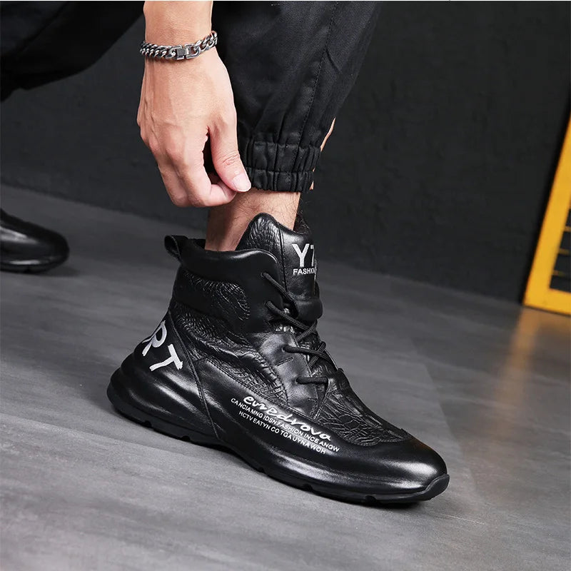 Genuine Leather Winter Boots For Men Crocodile Leather Casual Fleece Warm Shoes Motorcycle Punk Botas Male Loafer Hombre KK419