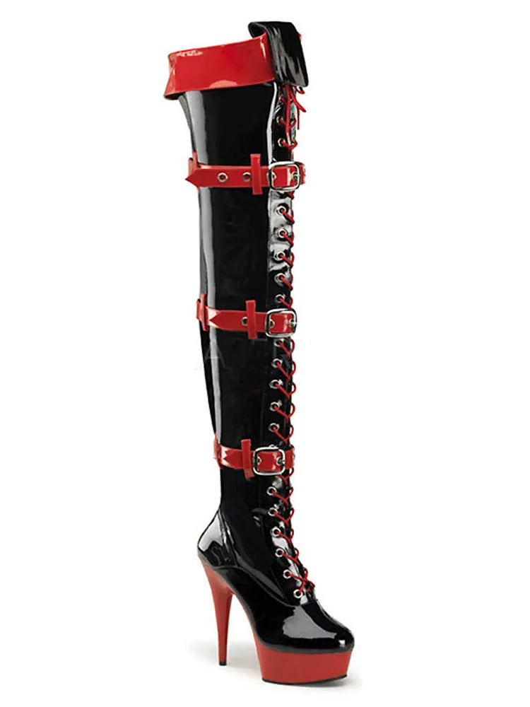 Women 6 Inch Platform Lace Sexy Shoes Pole Dance 15cm Gothic Thigh Boots High Heels Exotic Buckle Mixed Color Stripe Boots