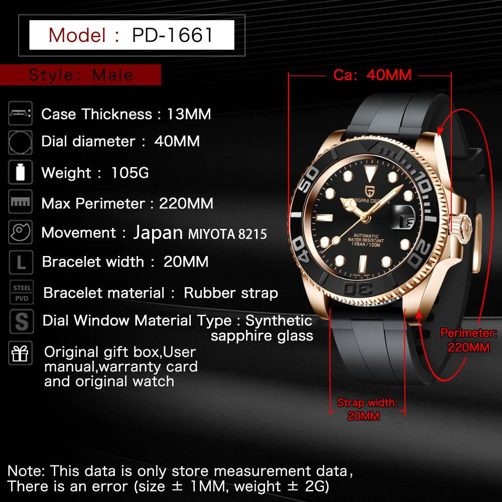 Hot Top PAGANI DESIGN Men Automatic Mechanical Watch Rose Gold Case Black Rubber Strap Dive Watch Sapphire Glass 100M Waterproof Luminous Date Sport Mens Wristwatch Relogio Masculino