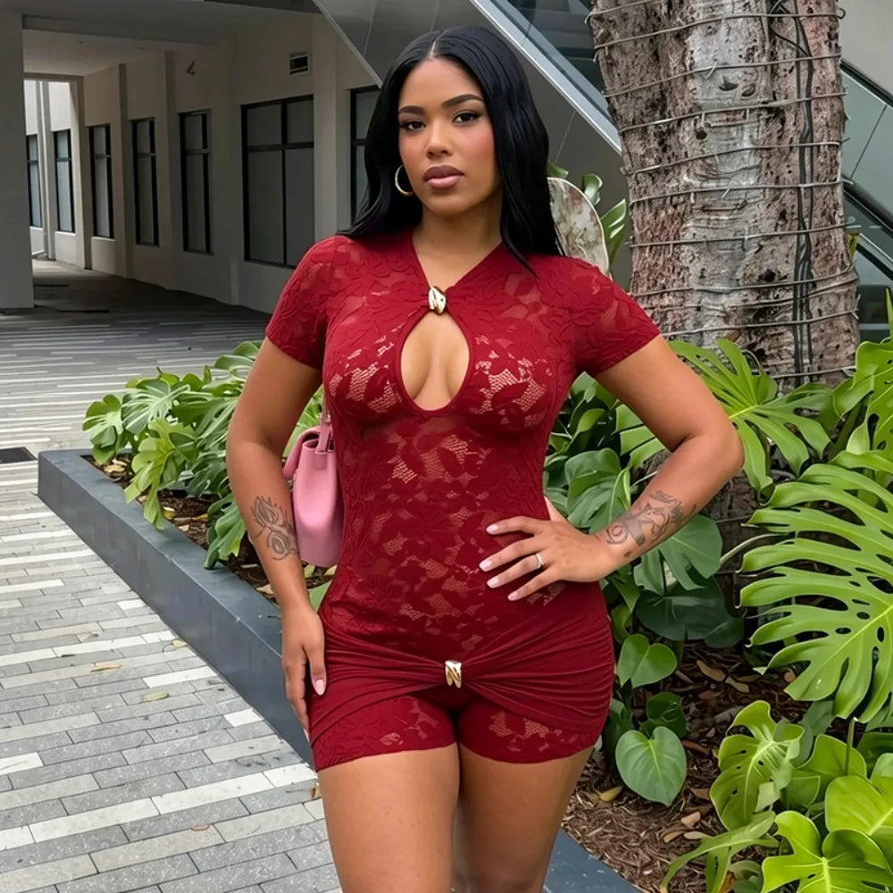 FLARORA Sexy Lace See Through Rompers Woman Hollow Metal Buckle V Neck Short Sleeve Ruched Patchwork Skinny Peach Hip Playsuits