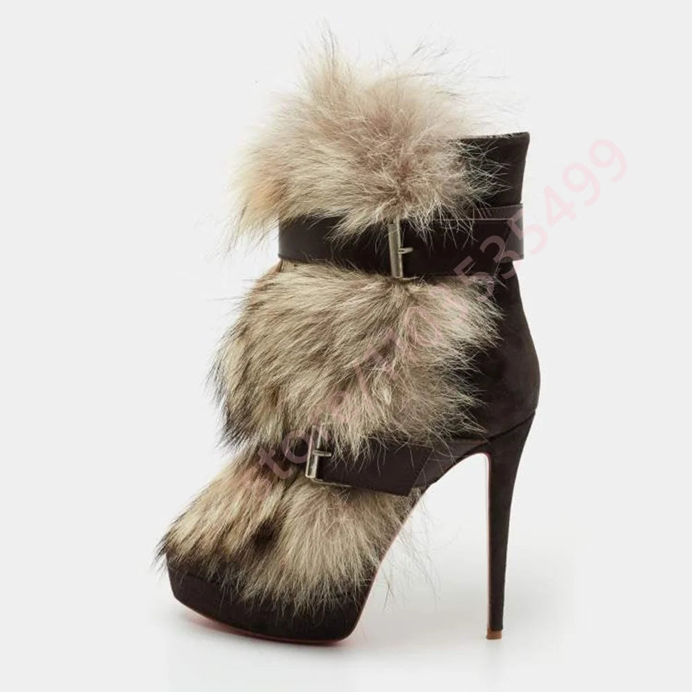 Winter Platform Belt Buckle Soft Fur Short Boots Fashion Show Party Casual Furry Boots New Sexy Women's Stiletto Warm Boots