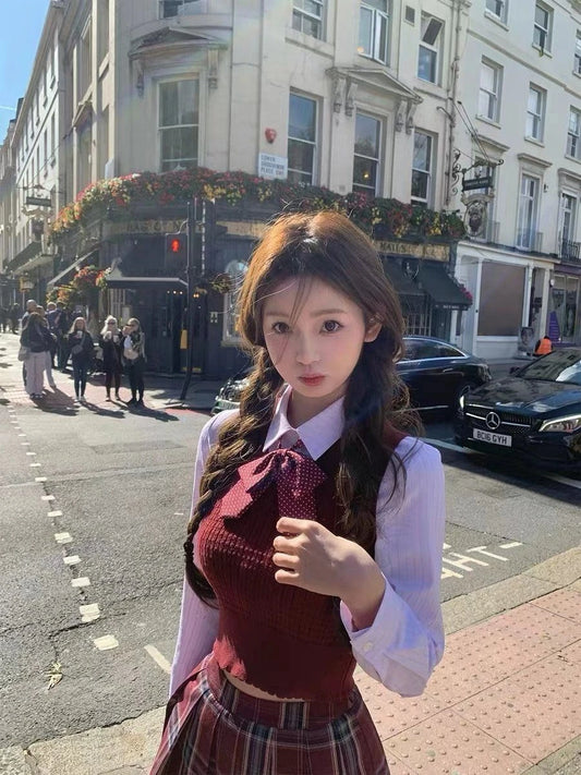 Korean Style School Uniform JK Bow long-sleeve Shirt Knitted Vest Plaid Pleated Skirt Autumn Three Piece Set Jk Uniform Set