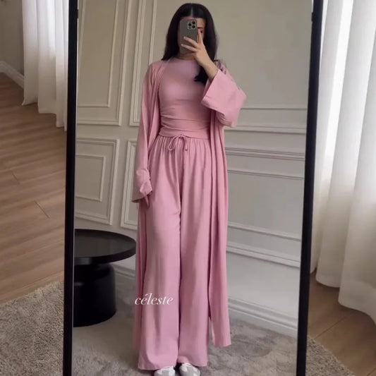 Women Cardigan Vest Wide Leg Pants 3 Piece Sets Top Long Coat Trousers Suit Office Lady Ensemble Spring Summer 2026 Outfits