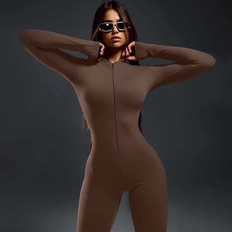Zip Up Long Sleeve Jumpsuit Women Slim Fit Flare Long Jumpsuits Autumn Winter Full Body Jumpsuit Sports