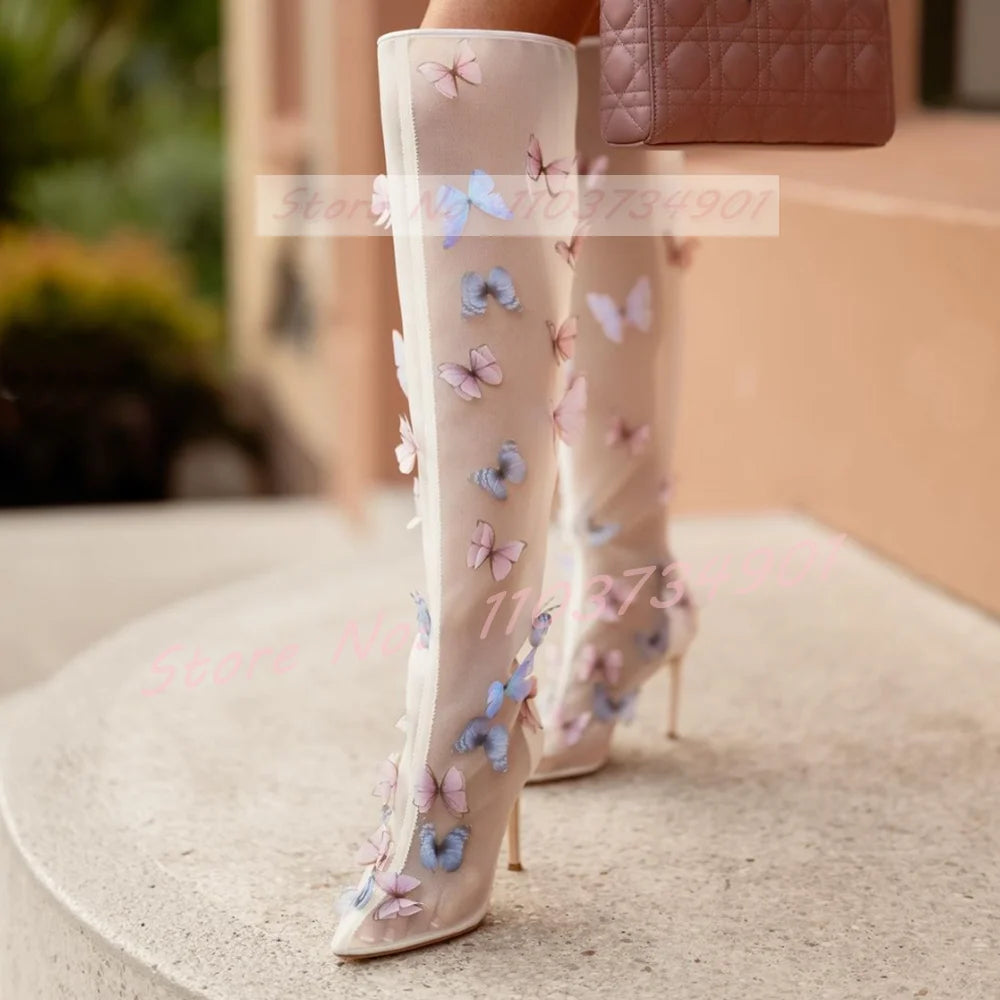 White Mesh Butterfly Wedding Boots Women Party Side Zippr Pointy Toe Knee High Shoes Female Elegant Fashion High Heels Boots