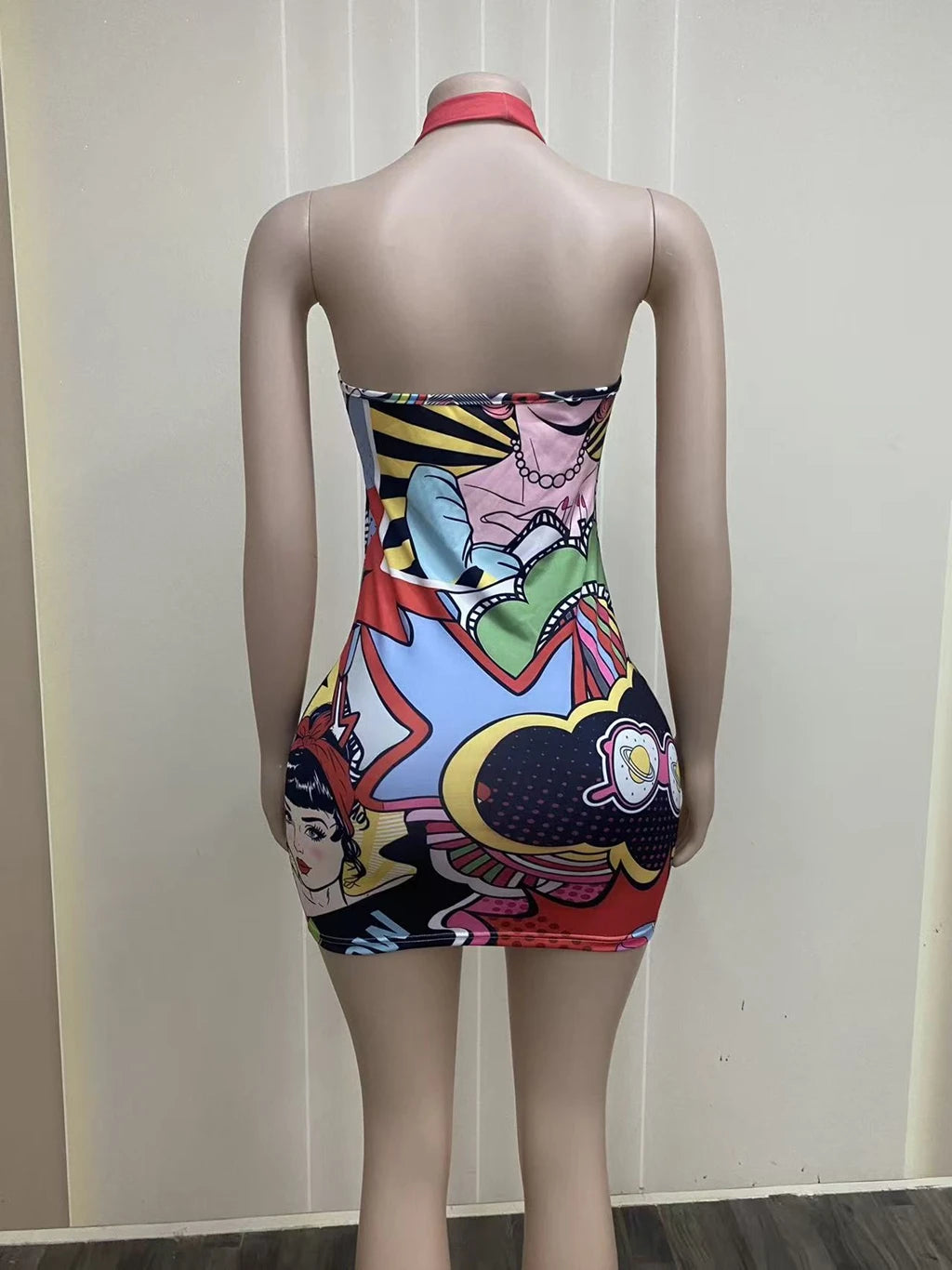 STYLISH LADY Pop Art Comic Print Halter Mini Dress Women Sleeveless Backless Bodycon Stretch Slim Fit Party Club Short Dress