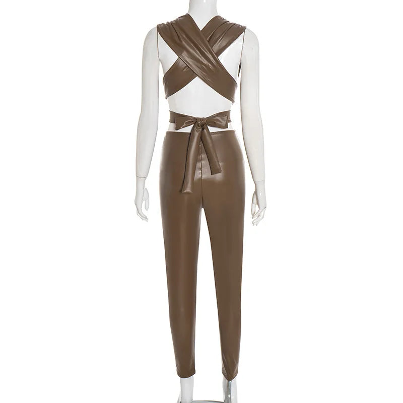 Sexy Bandage Leather Jumpsuits Woman 2025 Winter Fall Party Club Elegant Bodycon Luxury One Piece Jumpsuit Bodysuit Playsuit