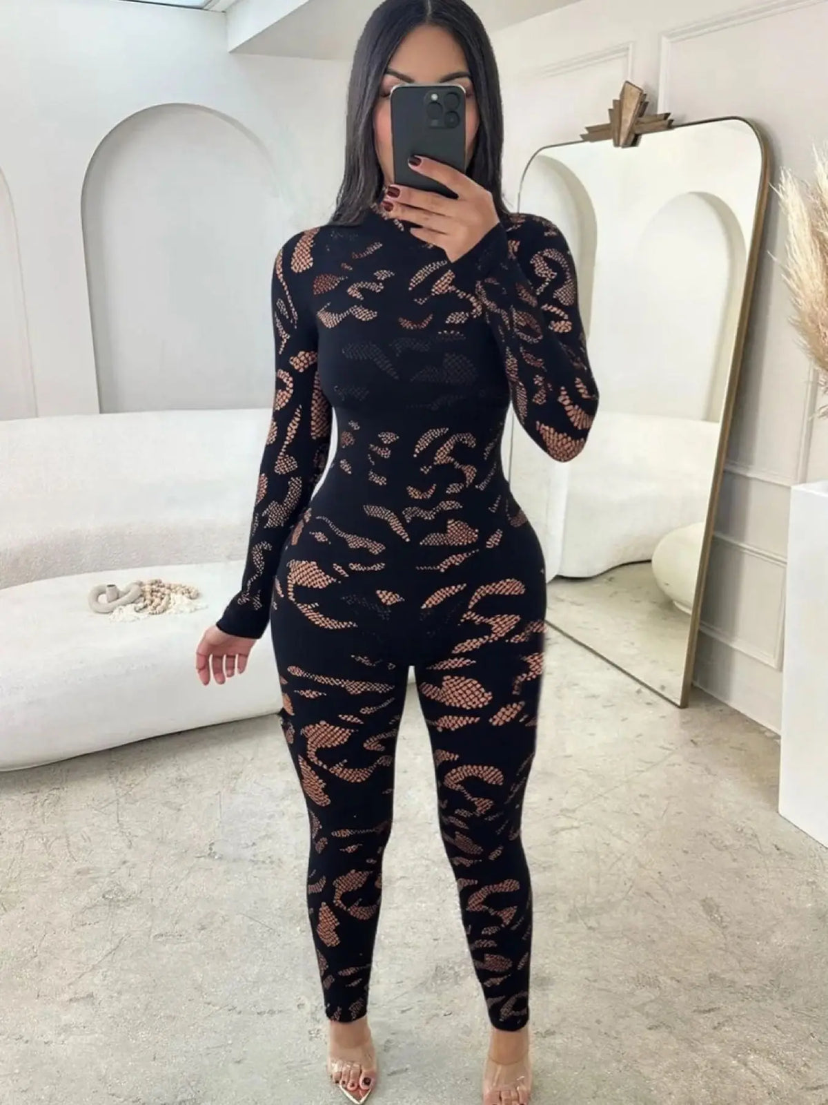 FAGADOER Sexy Lace See Through Patchwork Bodycon Jumpsuits for Woman Hollow-out Long Sleeves Rompers Female Streetwear Overalls