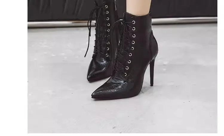 12CM Stiletto Heels Botas Mujer Fashion Pointed Lace-up Ankle Boots Roman Ladies Shoes Autumn Winter Women Emboss Short Booties
