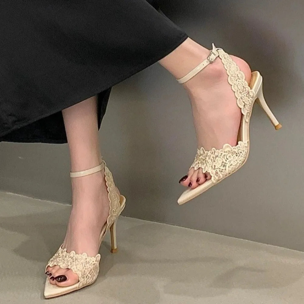 Luxury Lace Embroidery Ankle Strap Buckle Women Gladiator Sandals Elegant Thin High heels Summer Fashion Party Wedding Shoes
