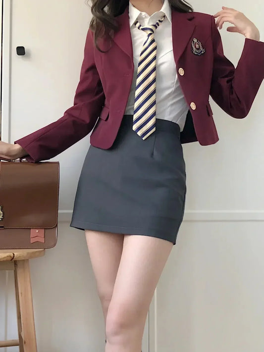 Korean Style Girls JK Uniform Suit Daily Red Blazer Coat Sexy Slim JK Wrap Buttock Skirt Women Preppy Summer School Uniform Suit