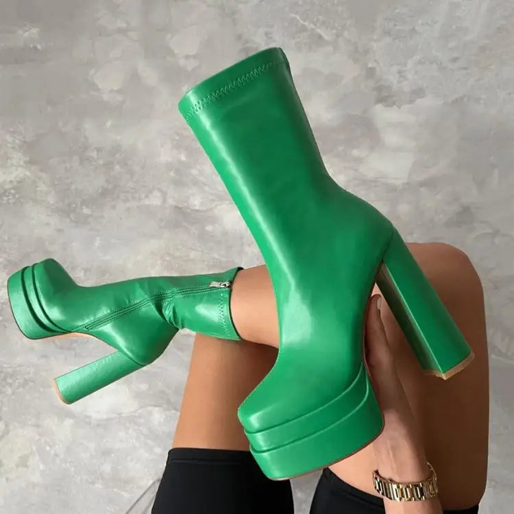 Foreign Trade Women's Shoes Fashion Super High Heels Platform Short Boots New Chunky Heel Mid-calf Boots Casual Ankle Boots CD