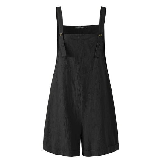 New Women Cotton and Hemp Loose Button Casual Backband Pants Square Neck Sleeveless Shorts jumpsuit White/Black/Military Green
