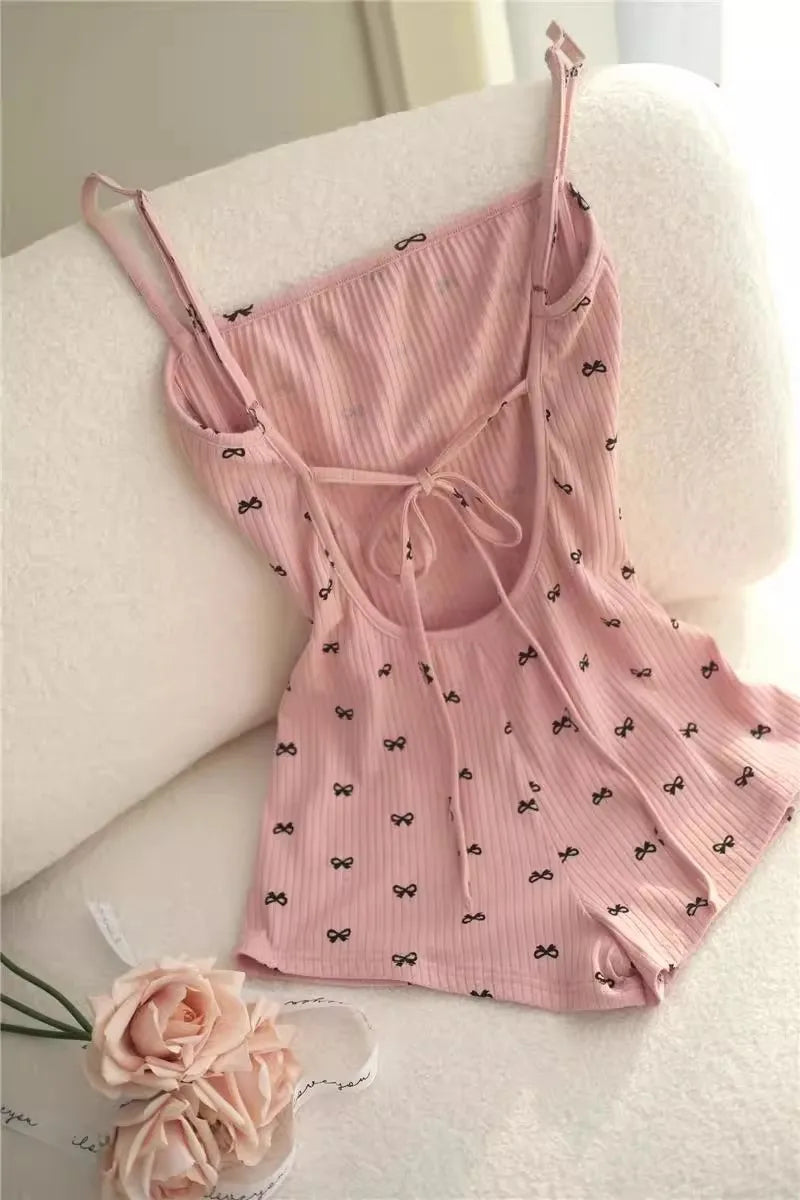2026 Summer Sexy One-Piece Pajamas for Women Backless with Bow Printed Pink One-Piece Shorts Pajamas Adult Onesie