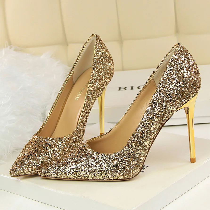 Women 7cm 9.5cm High Heels Pumps Wedding Bridal Scarpins Sparkly Mid Heels Lady Party Sequins Glitter Evening Gold Silver Shoes