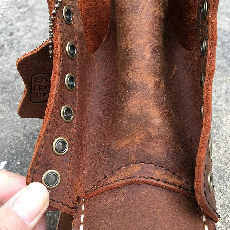 Men's Goodyear-Welted Vintage Genuine Leather Mid-calf Motorcycle Boots Round toe Casual Punk Dress Boots Work Shoes Western Red