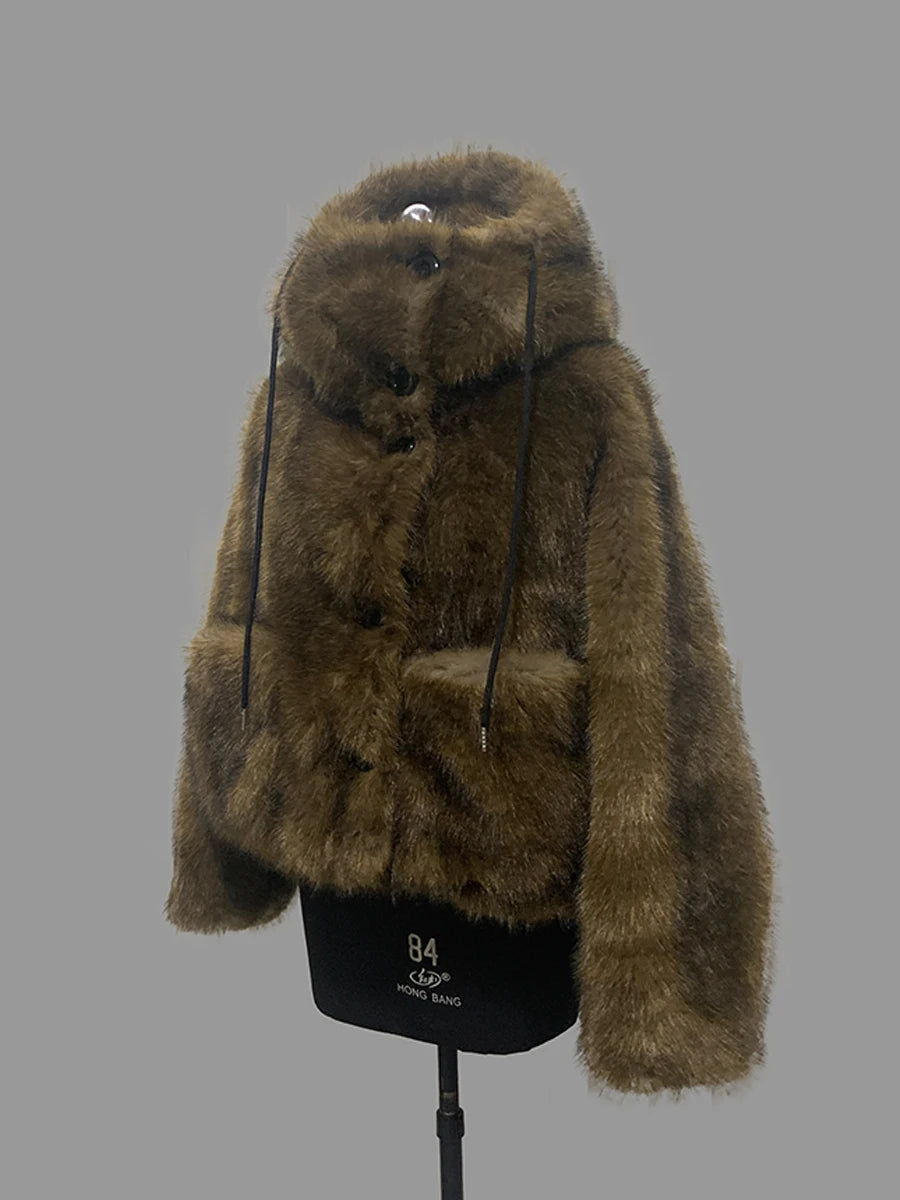 Nerazzurri Winter Short Oversized Thick Warm Shaggy Fuzzy Faux Fox Fur Coat Women Pockets Single Breasted Fluffy Hooded Jacket