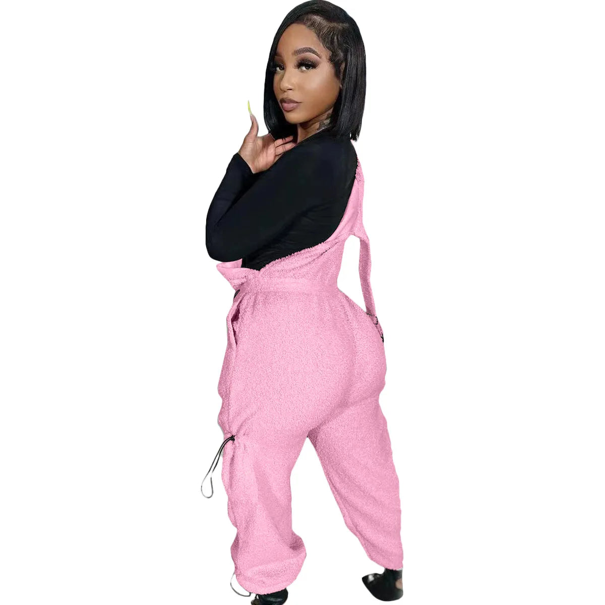 Lace Up Jumpsuit Women One Piece Jumpsuits Fur Rompers High Waist Spring Autumn Pants Mom Overalls Playsuits Elegant Pink