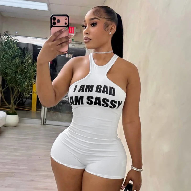 Letter offset printing sleeveless tight hanging neck strapless vest jumpsuit shorts
