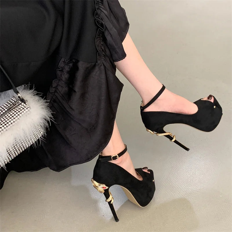 Liyke Sexy Metal Snake Shape Thin Heeled Sandals Women Peep Toe Buckle Strap Platform High Heels Party Stripper Shoes Size 35-42