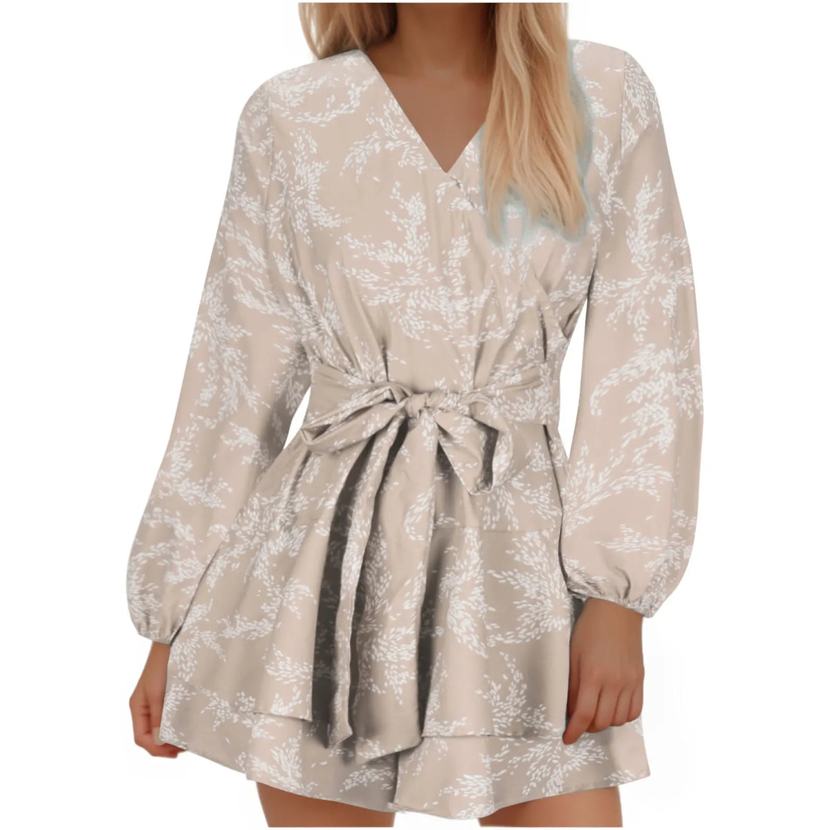 Hot-selling Women's Jumpsuits V-neck Flared Sleeves High Waist Plant Printed Pleated Lace-up Fashion High Street Playsuits