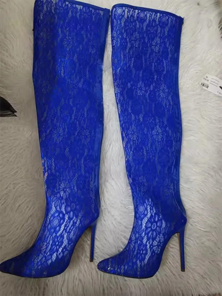 Spring Women Lace With PVC Thigh High Boots Sexy Pointed Toe Stiletto High Heels Transparent Over The Knee Boots Bigger Size 44
