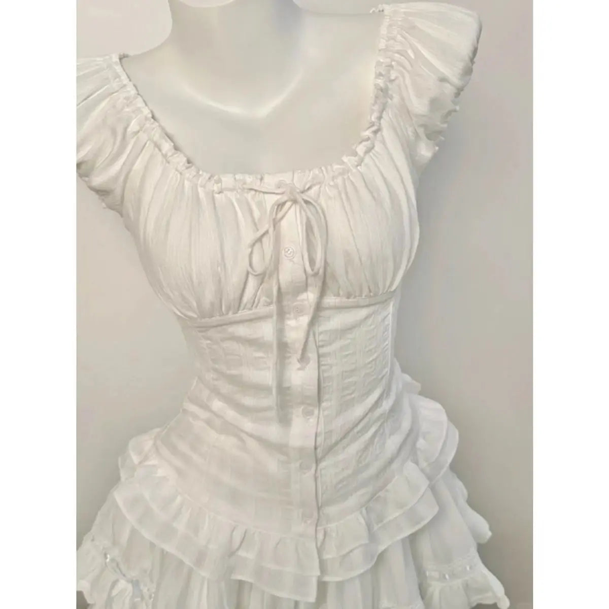 Deeptown Elegant Sweet White Blouses Women Sexy Square Collar Bow Crop Tops Vintage French Style Short Sleeve Ruffle Shirts