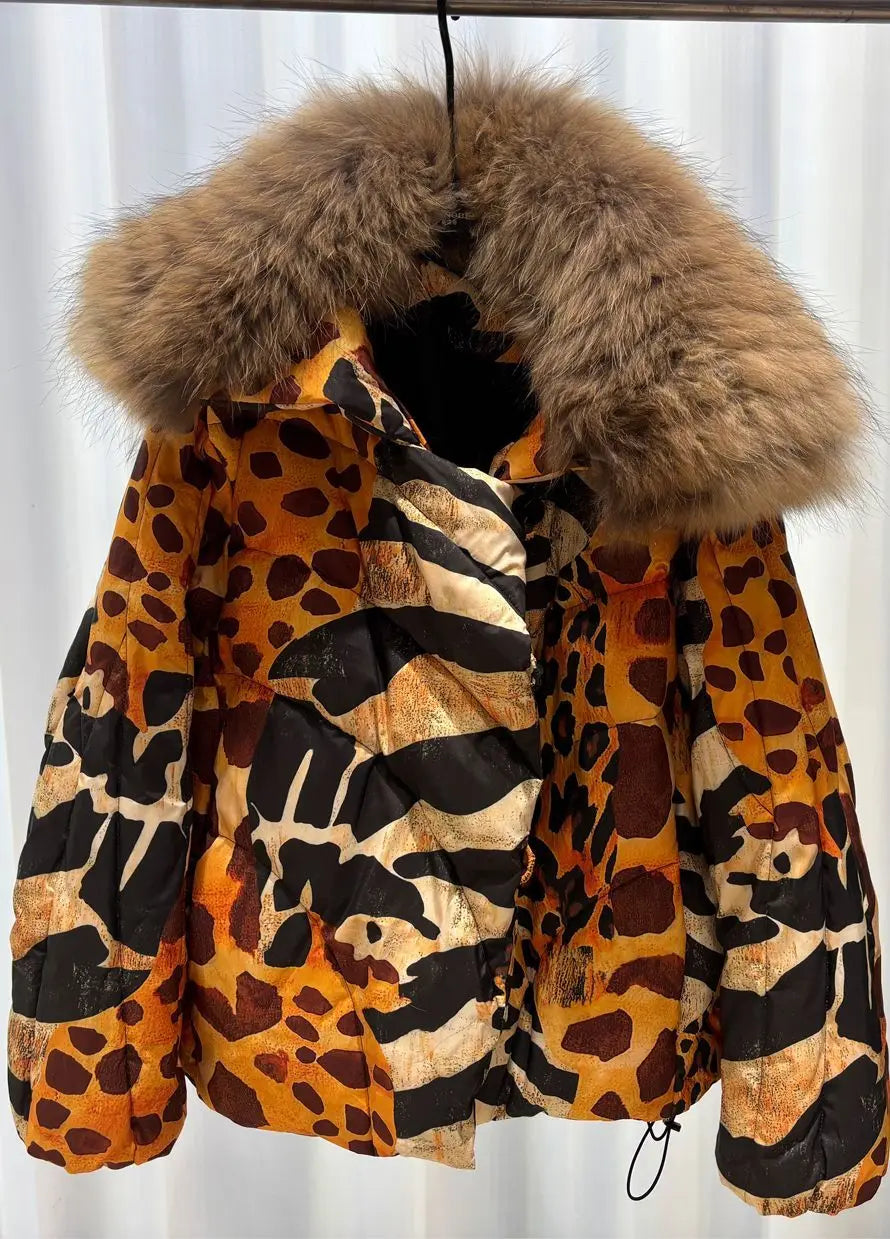 Women's Leopard Print down Jacket European Winter Natural Raccoon Fur Collar Short Warm Duck down Coat