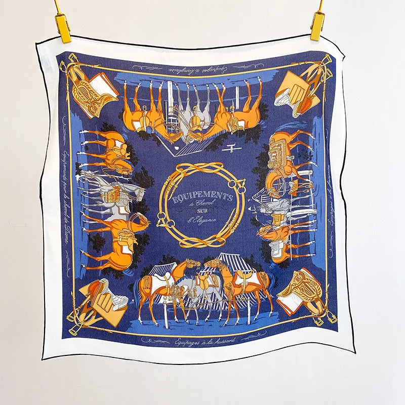 100% Mulberry Silk Square Scarf Vintage Equestrian Horse Saddle Print Bandana Unisex Neck Head Wrap Office Travel Holiday Gift