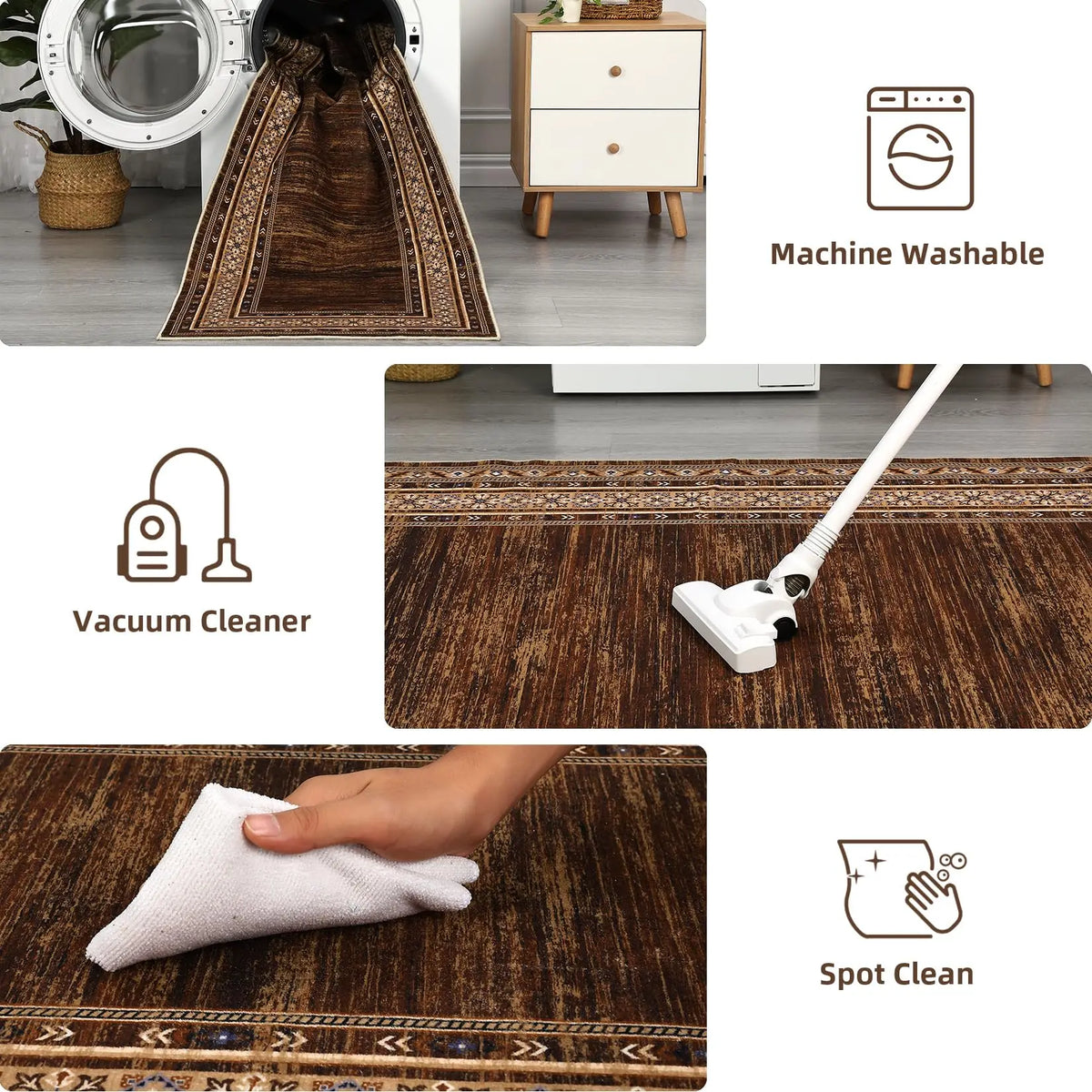 Area Rug 8x10 Washable Rug Brown Modern Living Room Rugs Soft Non Slip Throw Carpet Low Pile Bordered Contemporary Floor Cover for Bedroom Dining Room Foldable Thin Rugs