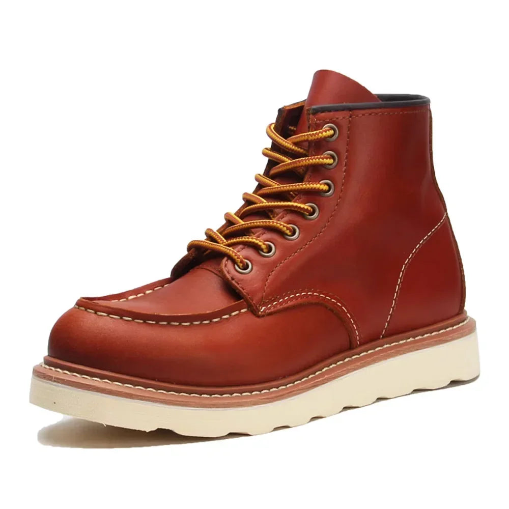 Men's Goodyear-Welted Vintage Genuine Leather Mid-calf Motorcycle Boots Round toe Casual Punk Dress Boots Work Shoes Western Red