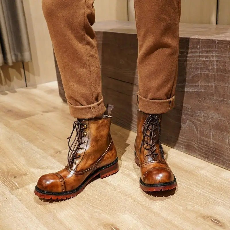 Fashion Cow Genuine Leather Motorcycle Boots Brogue Shoes Retro High Big Head Men's Mid-calf Chelsea Boots For Men Brown