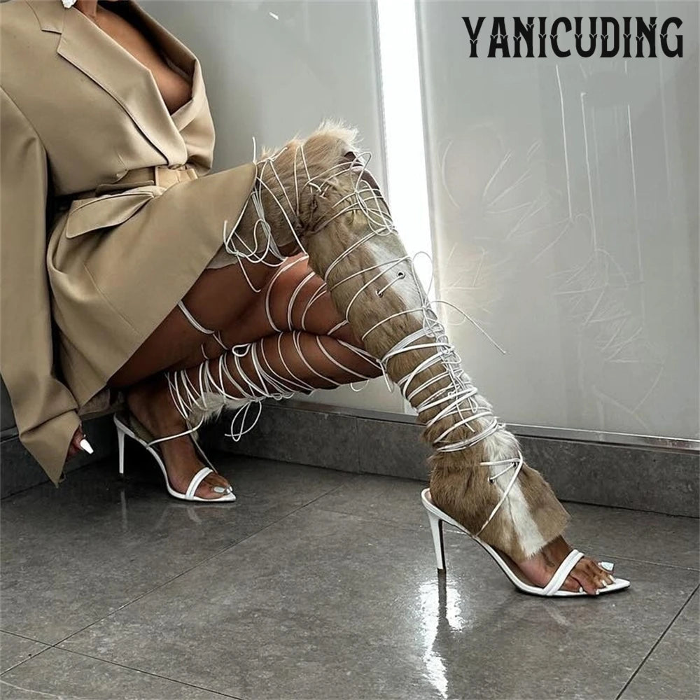 Fur Hide Lace up Sandal Boots Brown White Thigh High Elastic Cord Lace up Ties Summer Boots Sexy Novelty Designer Style Sandals
