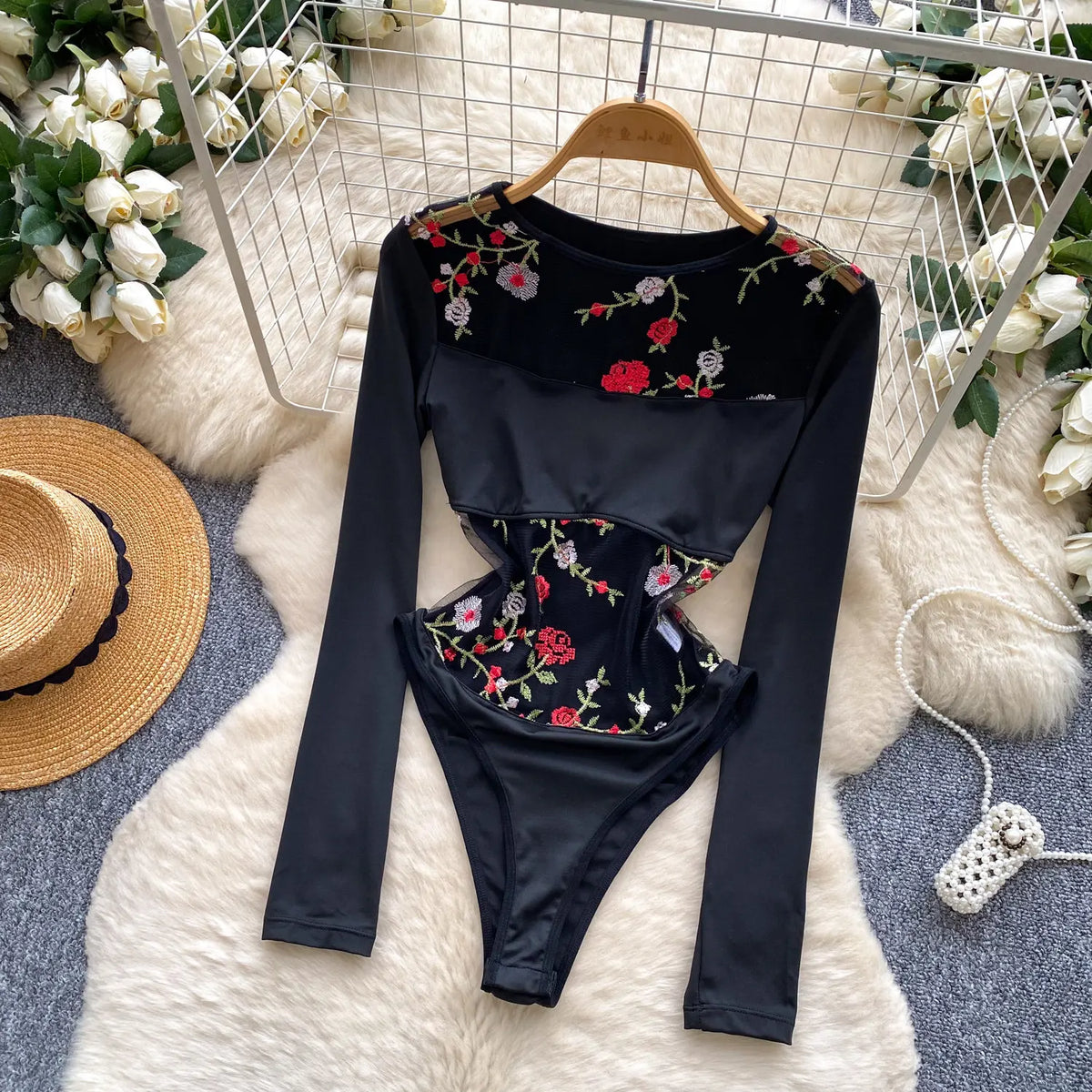 Sexy Mesh Floral Embroidery Bodysuit Spliced Long Sleeve One Piece Basic Hotsweet Women Gothic Slim Streetwear Jumpsuit Ins