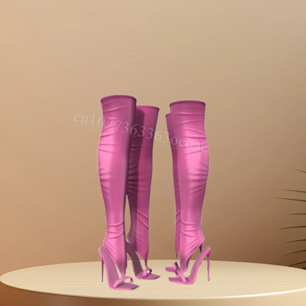 Sexy Pink Sandals Boots Silk Thigh High Open Toe Shoes for Women Thin High Heels Fashion Shoes 2025 Zapatos Para Mujere