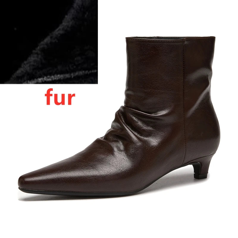 AIYUQI 2026 Women Pointed Toe Ankle Boots Vintage Ruched Kitten Heel Short Boots Elegant Slip On Dress Booties for Daily Party