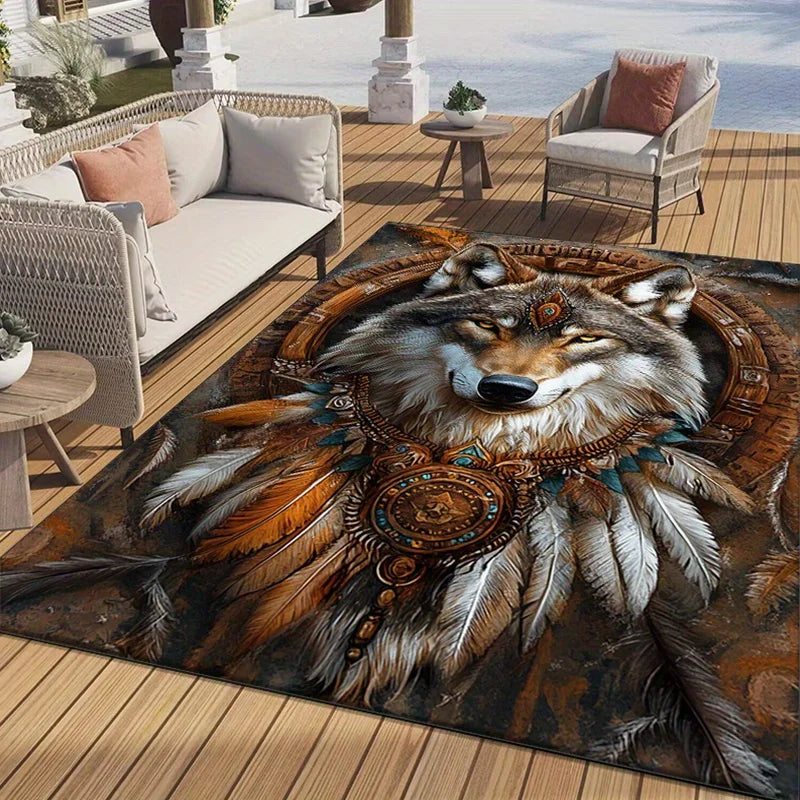 3D Wolf Head Print Non-Slip Mat, Tribal Design with Feathers Beads, Machine Washable Polyester Rug for Living Room Bedroom Decor