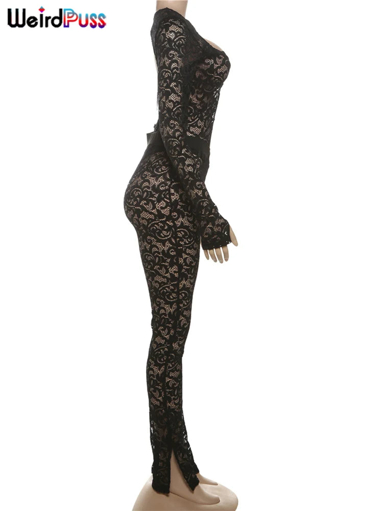 Weird Puss See Through 2 Piece Set Women Sexy Hollow Jacquard Backless Bodysuit+Leggings Tight Activity Clubwear Skinny Outfits