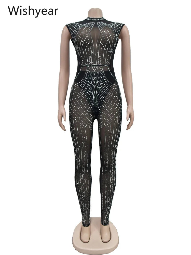 Women One Piece Party Jumpsuit High Neck Sheer Mesh Rhinestone Beading Cap Sleeve Bodycon Long Romper for Cocktail Club Night