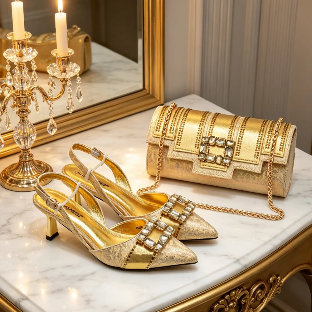New Design Women Nigerian Italian Shoes and Bags Set with Rhinestone African Shoe and Bags Set for Wedding Luxury Party Pumps
