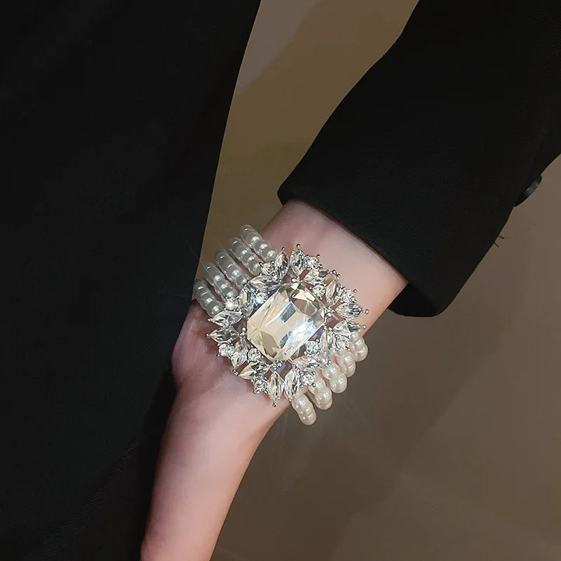 Shiny Big Square Zircon Bracelets Elegant Imitation Pearl Multi-layer Chain Bracelets Bangles for Women Party Wristbands K-