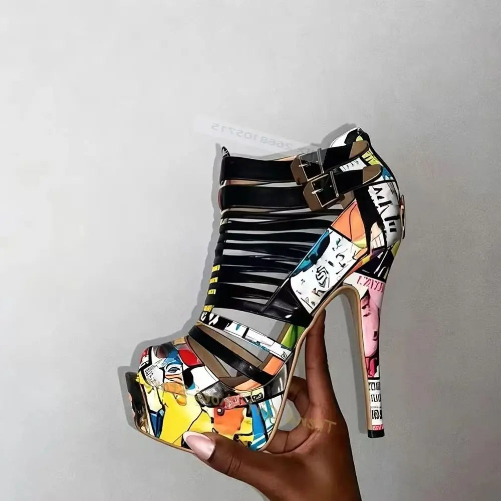 Sexy Mixed Colors Peep Toe Sandals Cross Tied Double Buckle Straps Thin High Heels Cover Heel Ankle New Style Sandals Designer