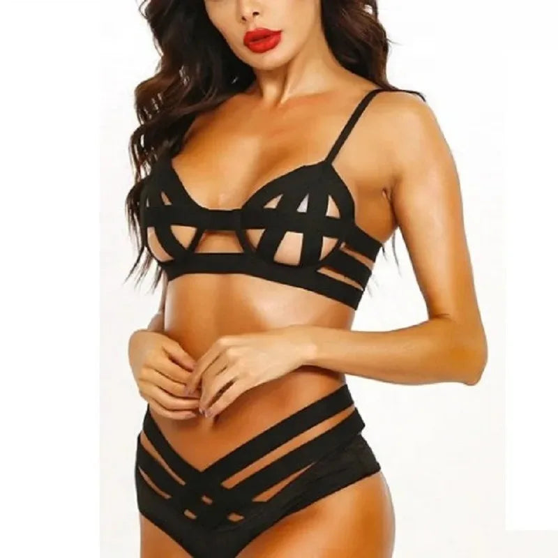 Sexy, tempting, ladies bondage lingerie set black-elastic mesh bra and g-string, cupless sexy lingerie 2-piece set