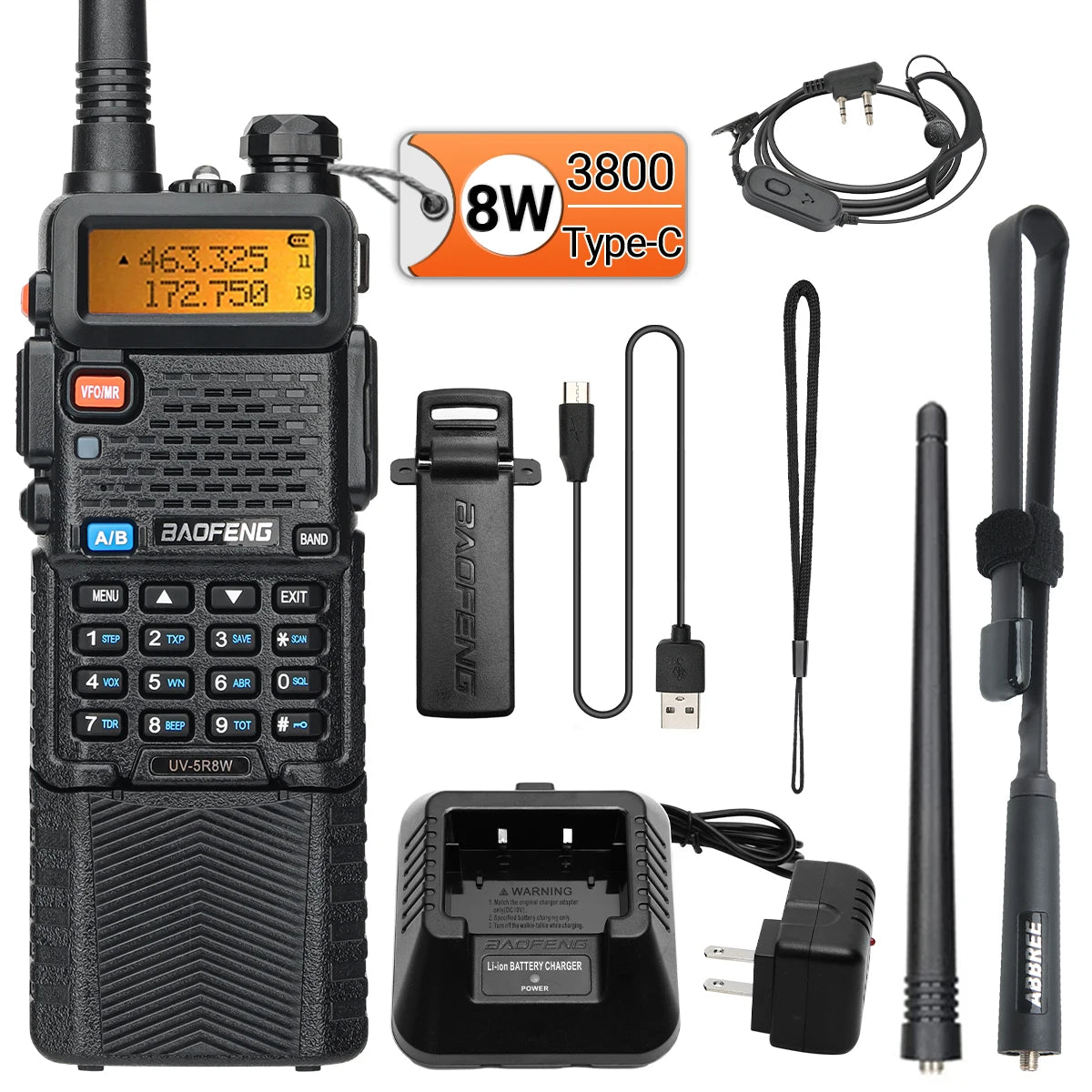 Baofeng UV-5R 8W Long Range Walkie Talkie 3800mAh Type-c Ham Amateur Communication Two Way Radio for Adults Camping