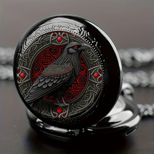 Gothic Design Black Raven Pocket Watch With Necklace Alloy Case & Band,Quartz Movement, Non-Waterproof Watch for Men Women Kids