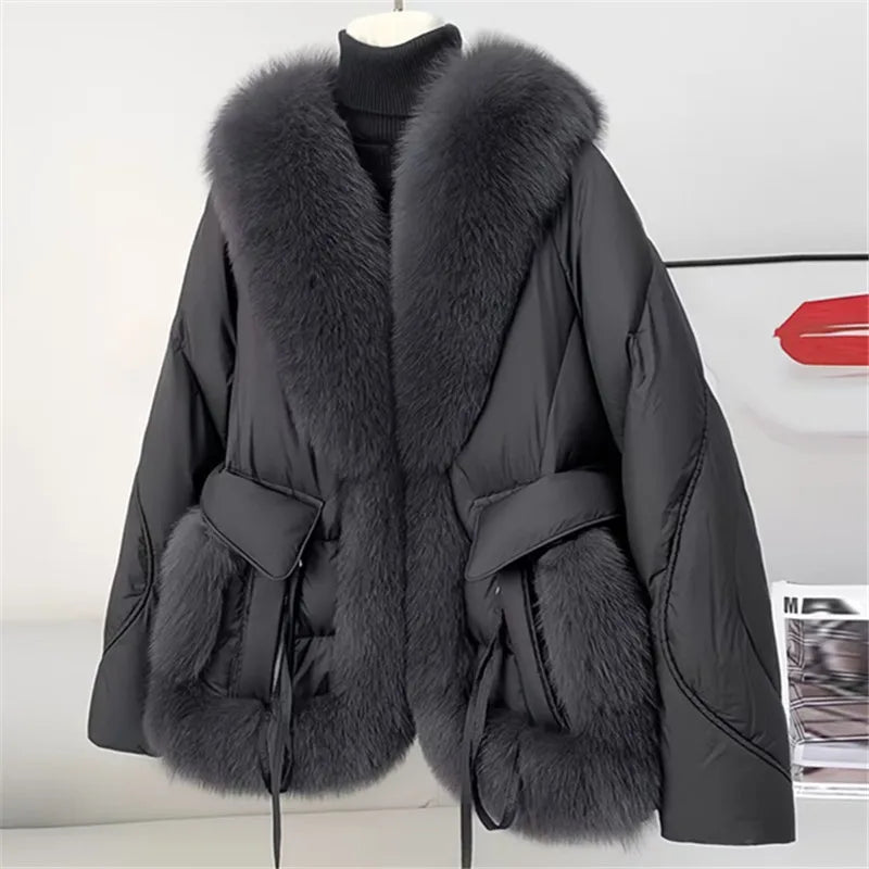 White Duck Down Coat Women Faux Fox Fur Collar Loose Thicken Parkas Warm Outwear 2026 Winter New Fashion Female Jacket