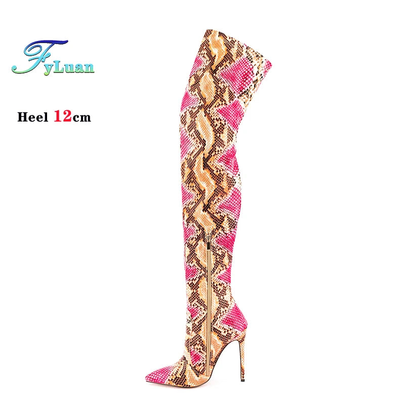 Over The Knee Snake Print Boots Women 12CM Thin High Heel Winter Shoes Plus Size 45 46 47 Stiletto Pointed Thigh Boots For Woman