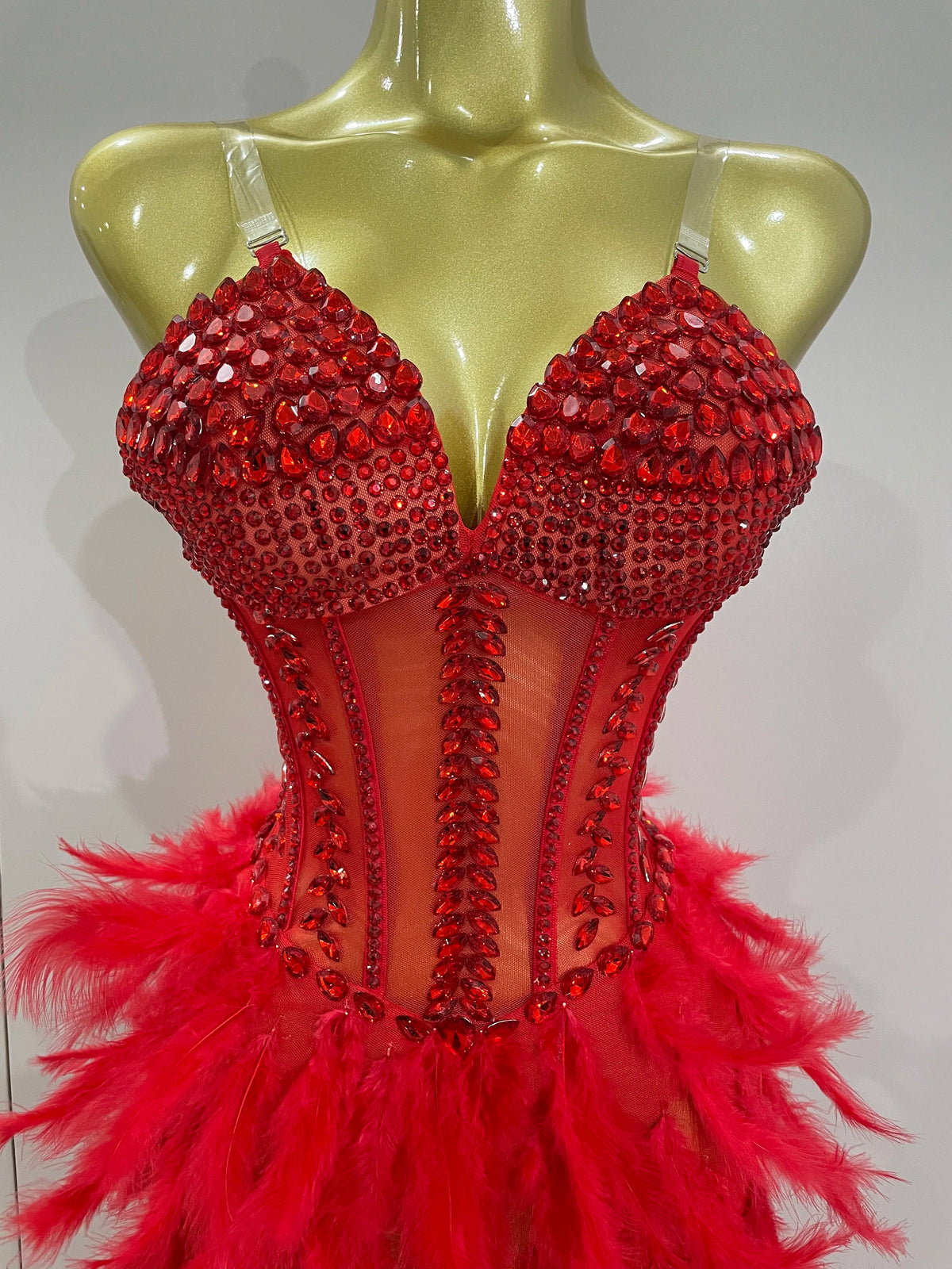 Sparkly Rhinestones Feathers Long Tail Bodysuits Sexy Mesh Transparent Stage Dress Evening Party Celebrate Luxury Birthday Dress