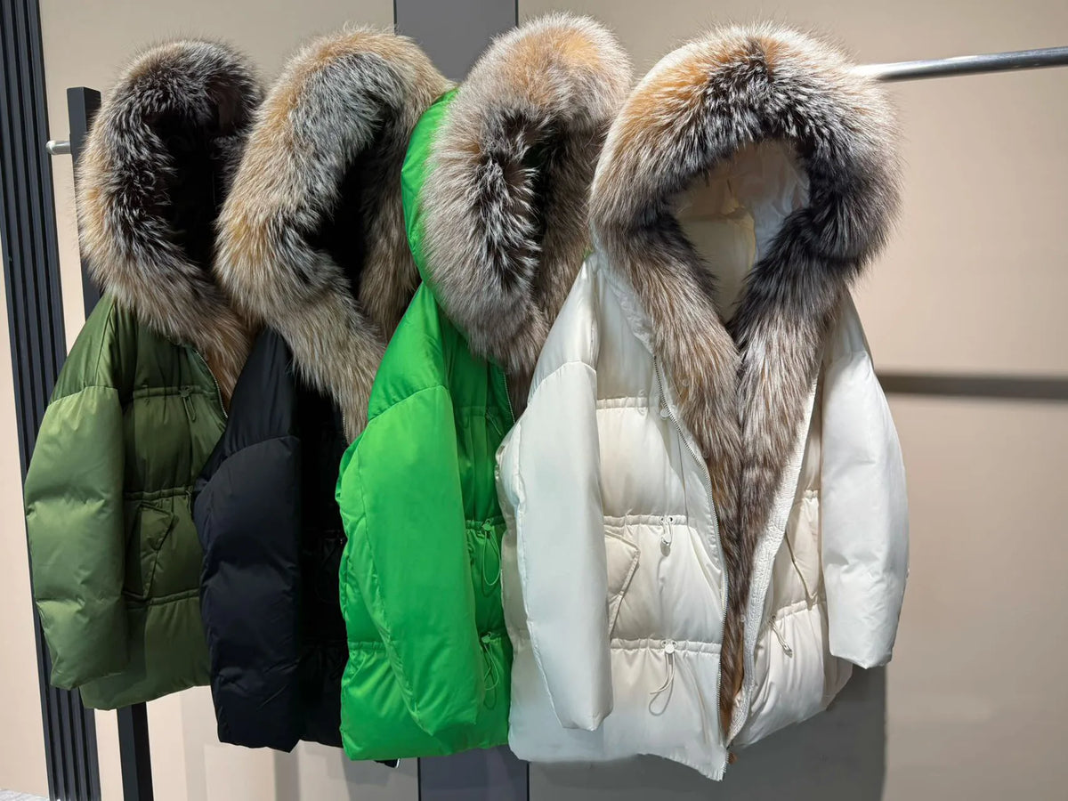 Winter New Arrival Women's Long down Jacket withLargeFox Fur Collar Fashionable Waist-Cinching Drawstring Loose Goose down Coat